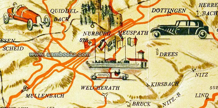 Nrburgring marked with Nazi swastika flag, Shell-Eifelkarte 1935