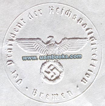 President der Reichspostdirektion Bremen Nazi eagle and swastika seal